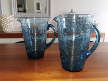 Waterkan, 2 stuks, gekraakt blauw glas