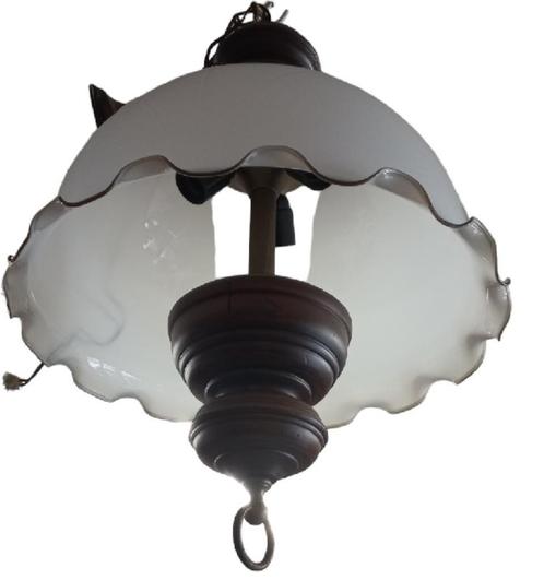 grote rustieke hanglamp met witglazen lampenkap., Maison & Meubles, Lampes | Suspensions, Comme neuf, Verre, Bois, Enlèvement