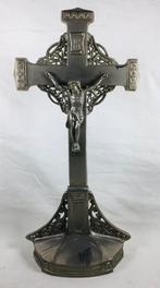 Antiek Art Nouveau staand kruisbeeld tin zamak JMPC België, Antiek en Kunst, Ophalen of Verzenden