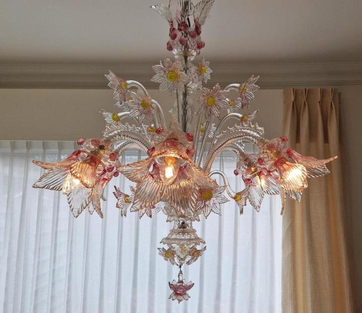 Authentieke handgeblazen luster - Venetiaans Murano glas, Huis en Inrichting, Lampen | Plafondlampen, Zo goed als nieuw, Glas