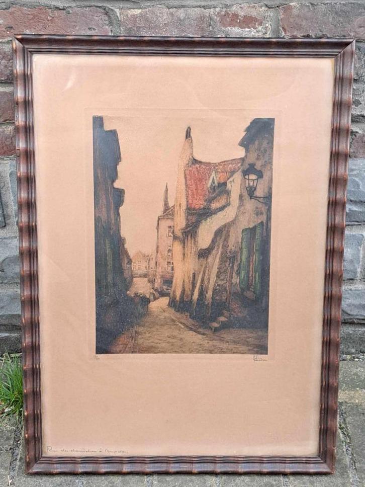 gravure rue des chandeliers bruxelles signe jef codron, Antiek en Kunst, Kunst | Etsen en Gravures, Ophalen of Verzenden