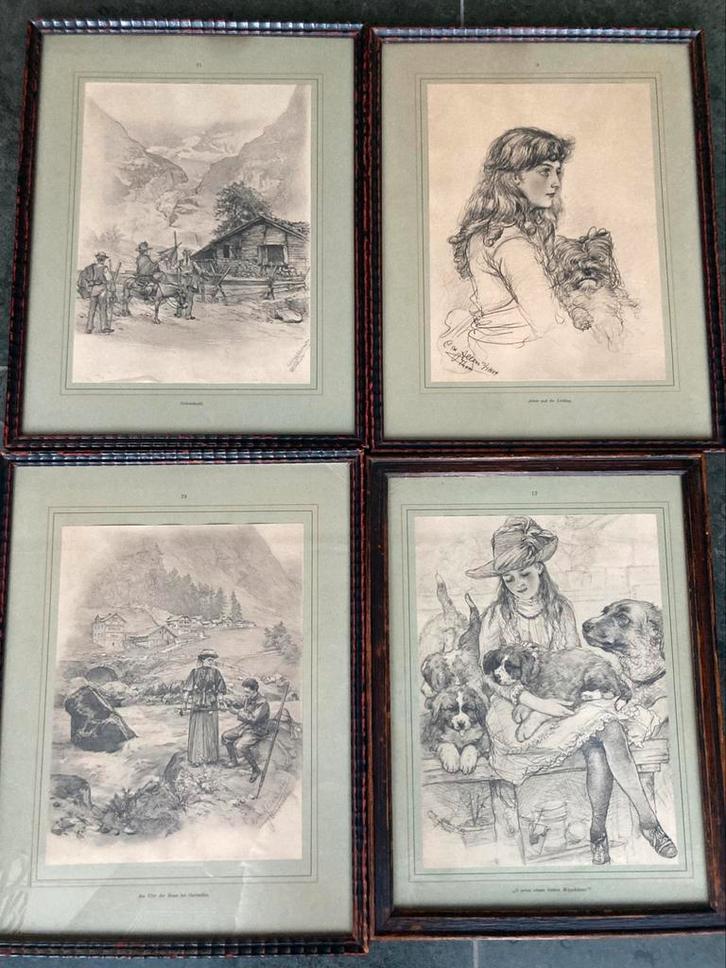 4 prachtige tekeningen van Christian Wilhelm Allers (CW), Antiek en Kunst, Kunst | Tekeningen en Fotografie, Ophalen