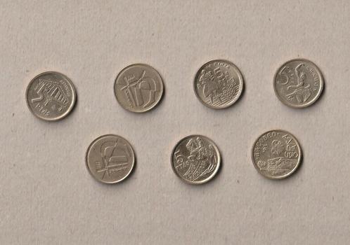 Spanje : 7 verschillende (gebruikte) munten van 5 pesetas, Postzegels en Munten, Munten | Europa | Niet-Euromunten, Setje, Ophalen of Verzenden