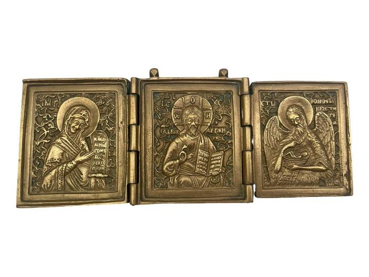Russisch koperen drieluik icoon — Christus de Maagd Sint Jan, Antiek en Kunst, Antiek | Religieuze voorwerpen, Ophalen of Verzenden
