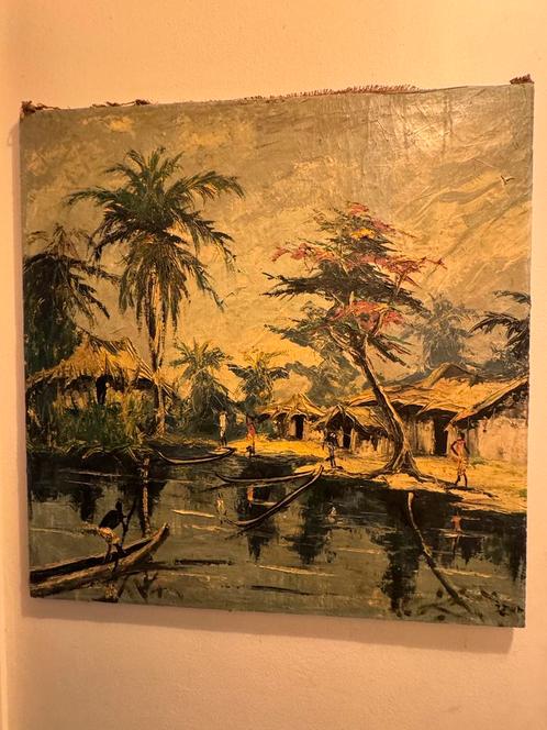Afrikaans schilderij met dorpsscène, Antiek en Kunst, Kunst | Schilderijen | Abstract, Ophalen