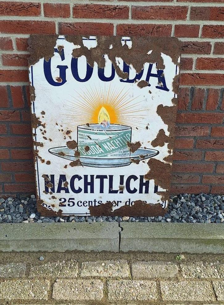 Antiek emaille bord Gouda Nachtlicht, 25 cents per doosje., Verzamelen, Merken en Reclamevoorwerpen, Gebruikt, Reclamebord, Ophalen of Verzenden