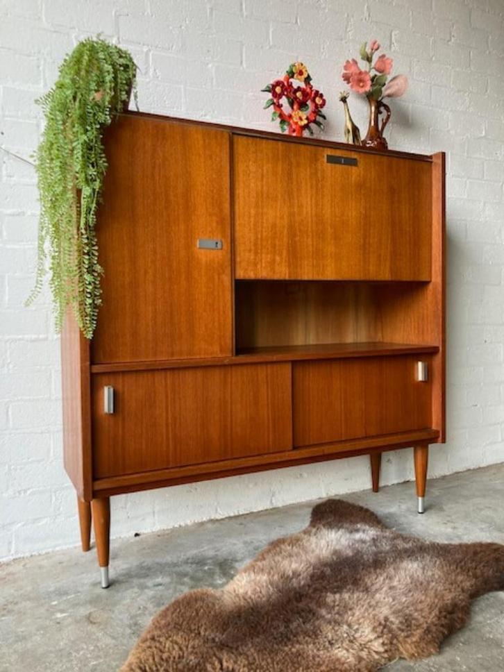 Retro vintage mid-century dressoir,high-board,barkast, Huis en Inrichting, Kasten | Dressoirs, Zo goed als nieuw, 100 tot 150 cm