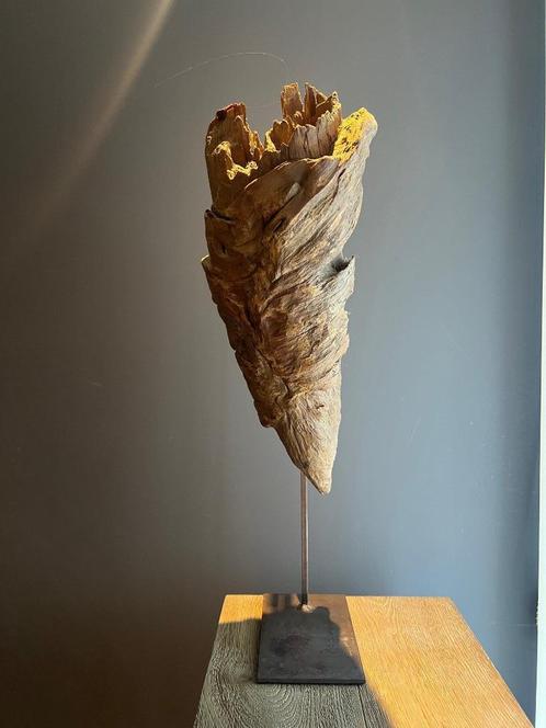 Uniek fossiel hout op metalen voet – natuurlijk kunstobject, Verzamelen, Mineralen en Fossielen, Fossiel, Ophalen