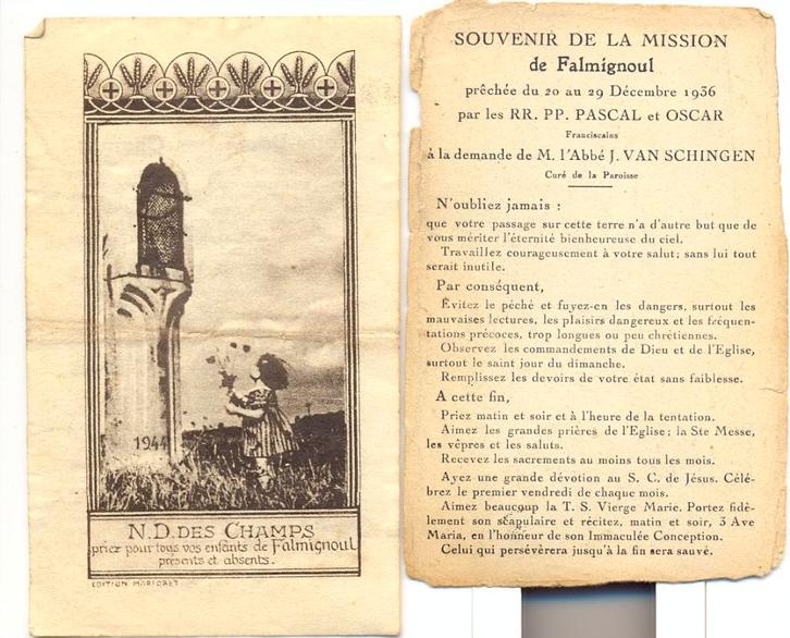 Souvenir de mission – Falmignoul – 1945 – ND des Champs, Collections, Religion, Utilisé, Christianisme | Catholique, Enlèvement ou Envoi