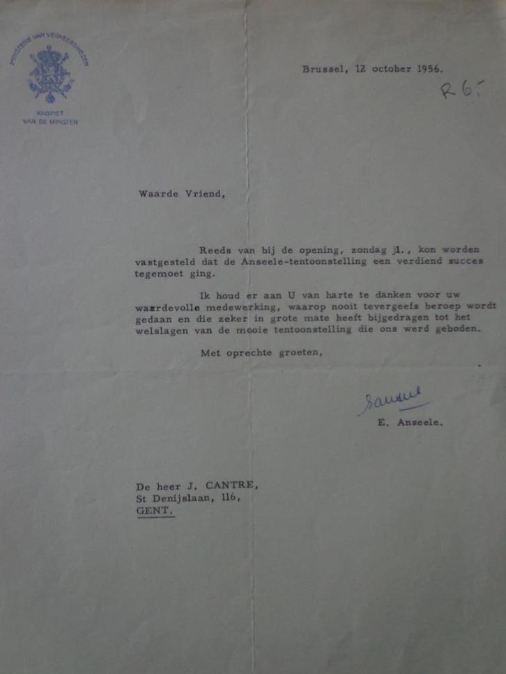 brief van Eduard Anseele geschreven aan Jozef Cantré 1956, Antiek en Kunst, Kunst | Overige Kunst, Ophalen of Verzenden