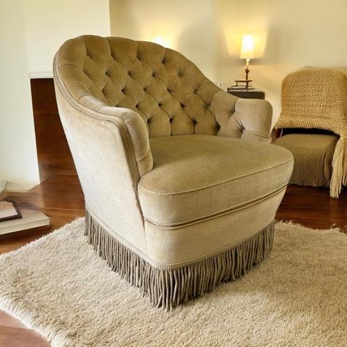 Vintage fauteuil / eenzit / clubzetel met franjes, Antiek en Kunst, Antiek | Meubels | Stoelen en Sofa's, Ophalen of Verzenden