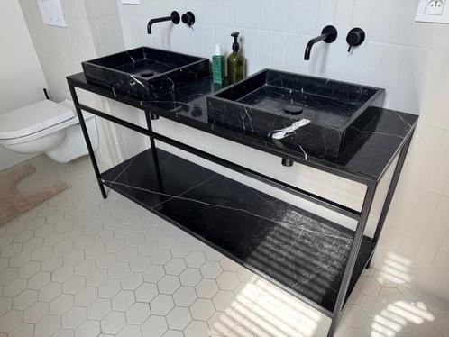Wastafel furnified zwart marmer + kranen en afvoer (Jules), Huis en Inrichting, Badkamer | Badkamermeubels, Gebruikt, Wasbak of Wastafel
