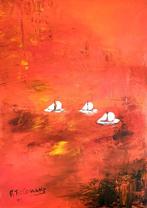 White Sails in the Sunset, peinture acrylique 70x50x2 cm., Antiquités & Art, Art | Peinture | Moderne, Enlèvement ou Envoi