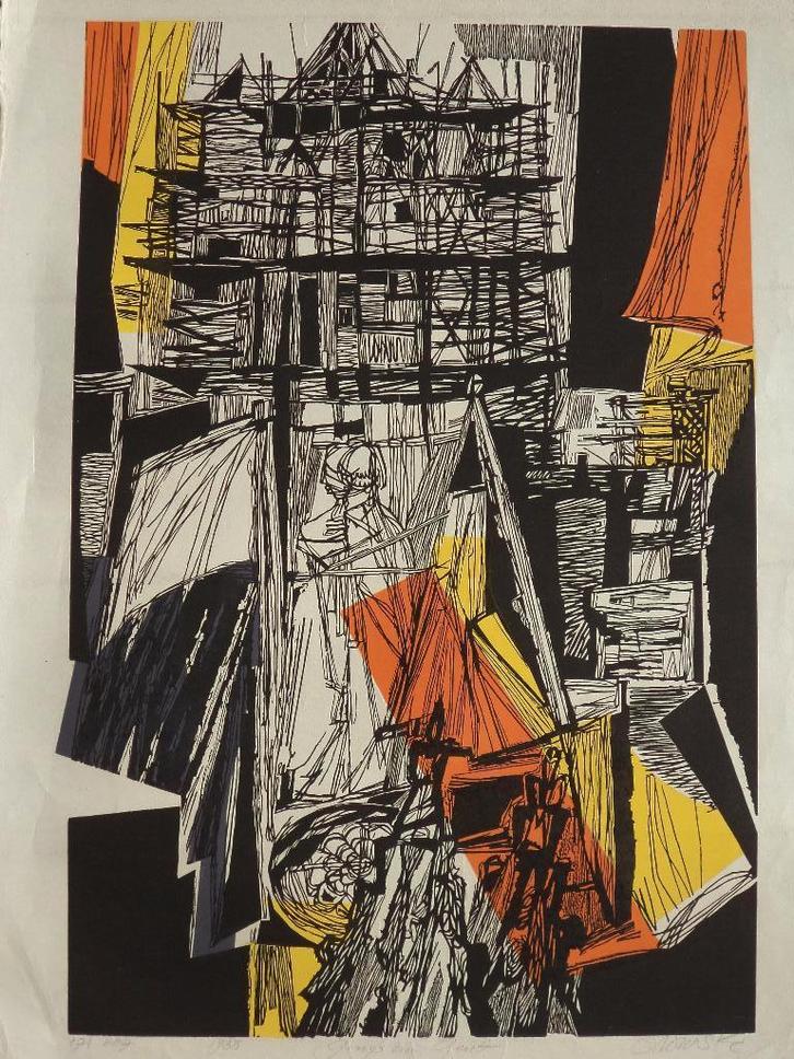 1958 Hans Orlowski DL. grote lino woodcut 'Gruss aus Gent', Antiek en Kunst, Kunst | Etsen en Gravures, Ophalen of Verzenden