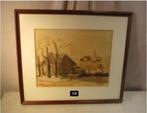 Mooi Geschilderd Aquarel 'Hoeve bij het Dorpje' - gesigneerd, Antiek en Kunst, Kunst | Schilderijen | Klassiek, Ophalen of Verzenden