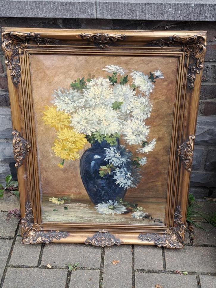 huile sur toile fleur signe G van moer, Antiek en Kunst, Kunst | Schilderijen | Klassiek, Ophalen of Verzenden