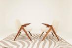 Vintage krullende beige en eikenhouten fauteuil rustieke etn, Ophalen of Verzenden