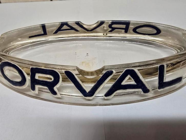 OUDE asbak in glas met emaille opschrift ORVAL! PERFECT!!, Verzamelen, Merken en Reclamevoorwerpen, Ophalen of Verzenden