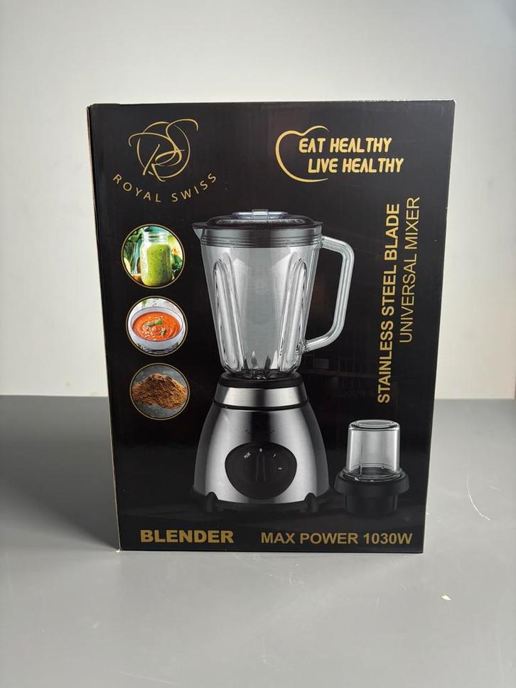 Blender Royal Swiss  – Bol en Verre 1,5L + Moulin à Grains, Electroménager, Mélangeurs, Neuf, Mélangeur, Enlèvement ou Envoi