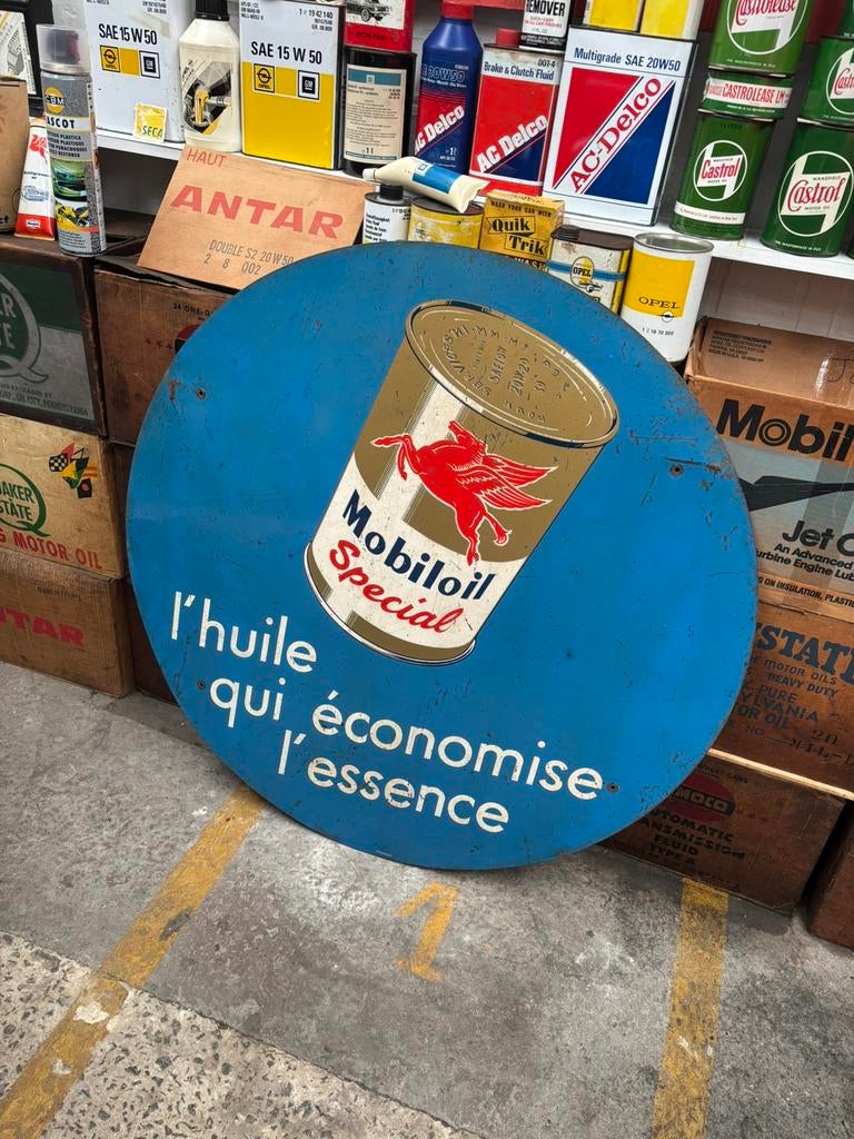 Plaque non émaillée mobiloil reclamebord, Ophalen, Zo goed als nieuw