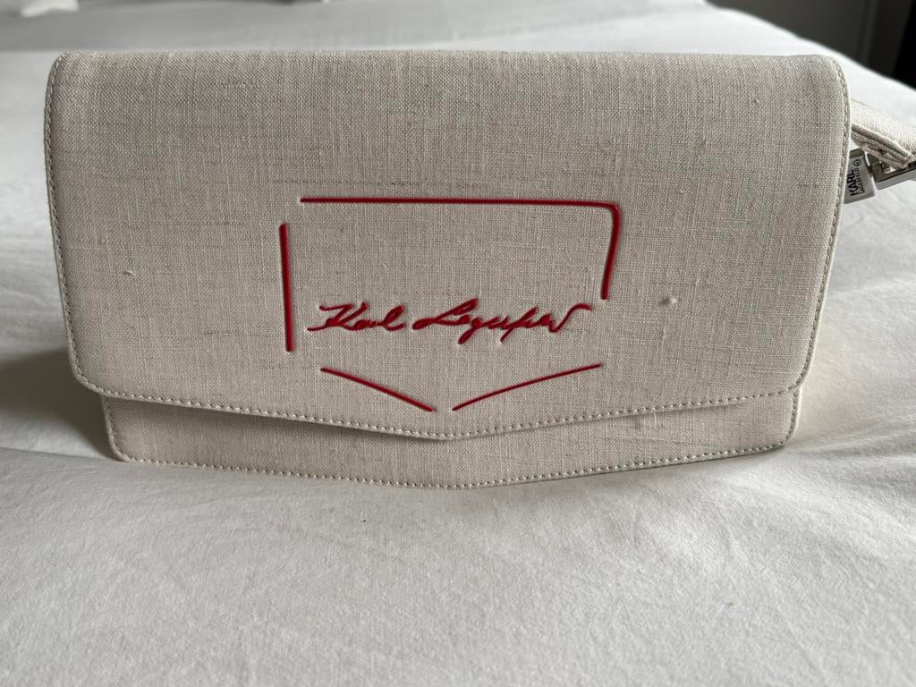 Sac à main Karl Lagerfeld K/Sketch en lin beige/rouge, Enlèvement ou Envoi, Neuf, Beige