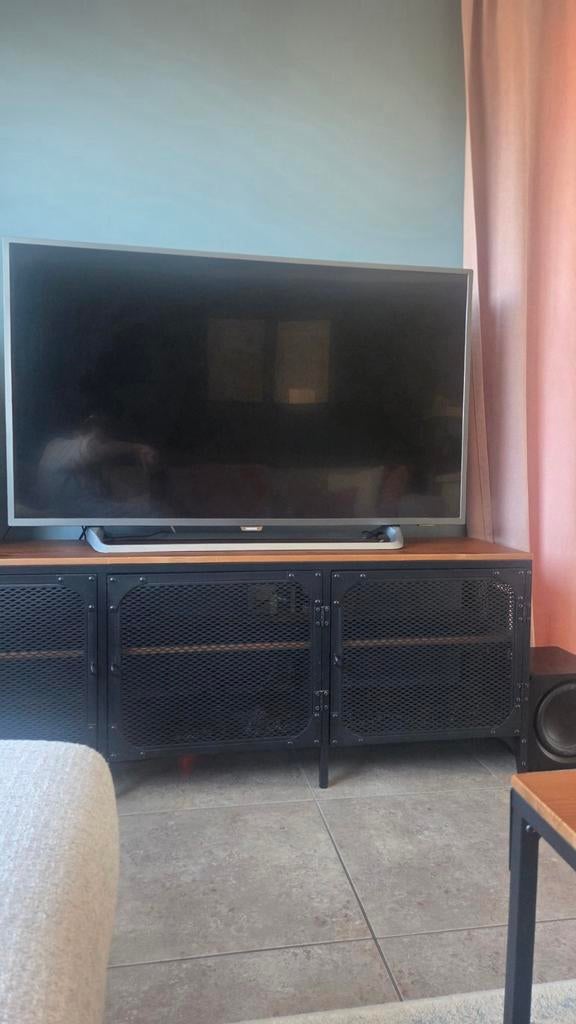 FLALLBO TV meubel en salontafel zwart metaal en hout, Gebruikt, 100 tot 150 cm, Rustiek industrial, Minder dan 100 cm