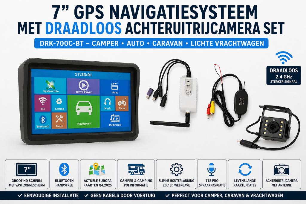7” / 9” Camper & Auto GPS + Draadloze Achteruitrijcamera- BT, Caravans en Kamperen, Info@drktech.be, Oosterwennel 35 Genk, Nieuw