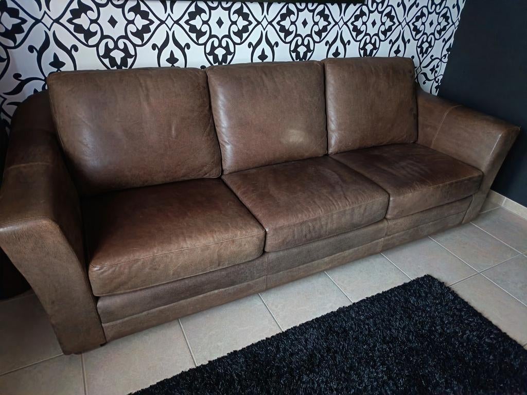 Lederen bruine salonzetel, Ophalen, Gebruikt, Rechte bank, 200 tot 250 cm
