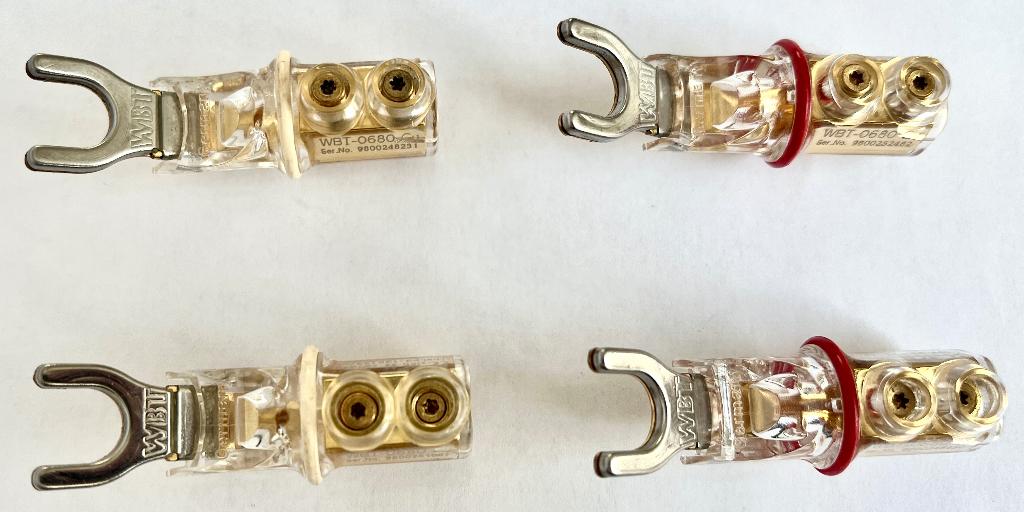 8 x WBT 0680 CU Spades, Ophalen of Verzenden, Gebruikt, Luidsprekerkabel