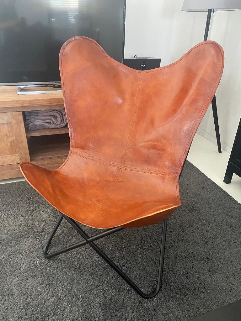 Vlinderstoel, Huis en Inrichting, Stoelen, Nieuw, Eén, Leer, Metaal, Bruin, Ophalen