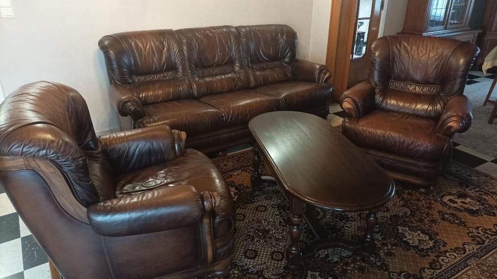 lederen salon, Maison & Meubles, Canapés | Coins salons complets, Comme neuf, Cuir, Enlèvement