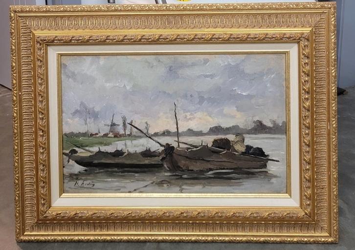 Henri ARDEN, aangemeerde sloepen, Antiquités & Art, Art | Peinture | Classique, Enlèvement ou Envoi