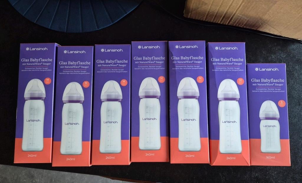 Lansinoh glazen fles 1x160, 6x240, speentjes NIET GEBRUIKT, Kinderen en Baby's, Babyvoeding en Toebehoren, Zo goed als nieuw, Ophalen