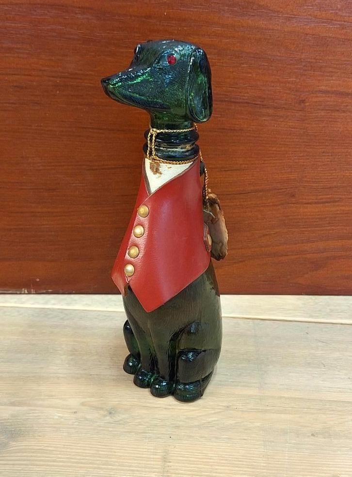 Glazen, nog gevulde, likeurfles in vorm van een Lord Dog., Antiek en Kunst, Curiosa en Brocante, Ophalen