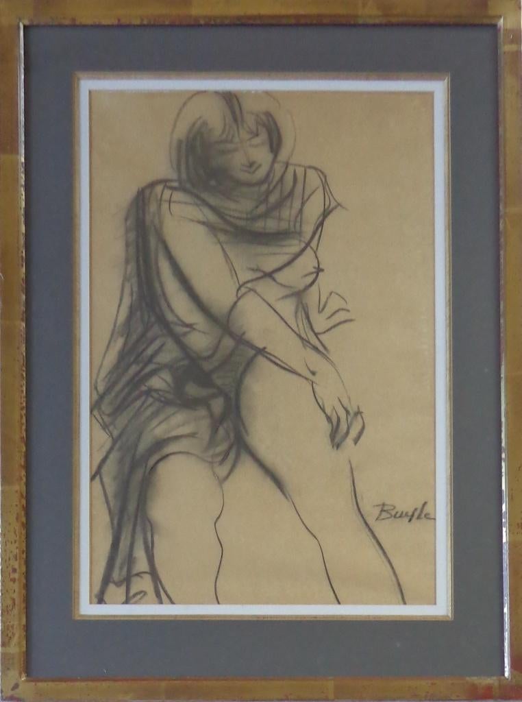 ROBERT BUYLE / ZITTEND NAAKT / ORIGINEEL / 66x49cm / KADER, Enlèvement ou Envoi