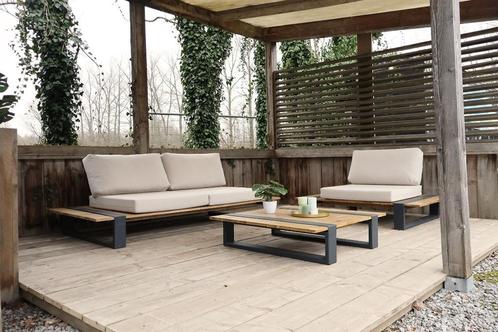 Loungeset van staal met eiken en kussens, Tuin en Terras, Tuinsets en Loungesets, Nieuw, Loungeset, Hardhout, 3 zitplaatsen, Bank