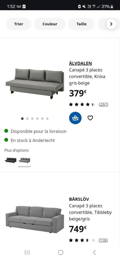 Canapé  Ikea convertible, Maison & Meubles, Canapés | Salons, Comme neuf, Banc droit, Trois personnes, Tissus, Enlèvement