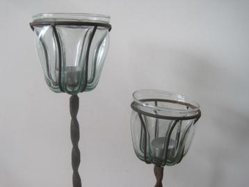 2 prachtige artisanale tuin windlichten smeedwerk glas