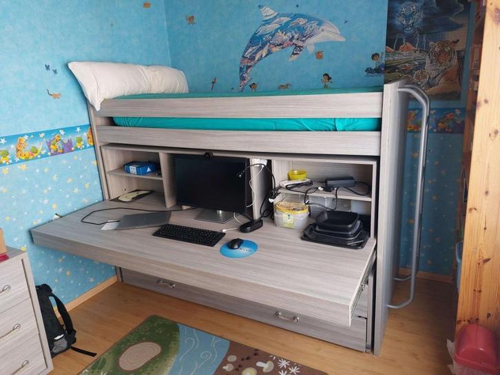 Lit et bureau, Maison & Meubles, Chambre à coucher | Lits, Utilisé, Une personne, 90 cm, 200 cm, Bois, Gris, Réglable, Enlèvement