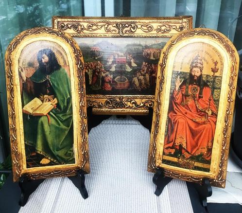 Triptiek Lam Gods 2 Heiligen Van Eyck 3 delig H30 Antiek😍👌, Antiek en Kunst, Antiek | Religieuze voorwerpen, Ophalen of Verzenden