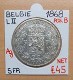 5 FR  1868   POSITIE B    LEOPOLD II    BELGIE   RAAR   € 45, Timbres & Monnaies, Monnaies | Belgique, Argent, Enlèvement ou Envoi