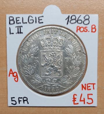 5 FR  1868   POSITIE B    LEOPOLD II    BELGIE   RAAR   € 45