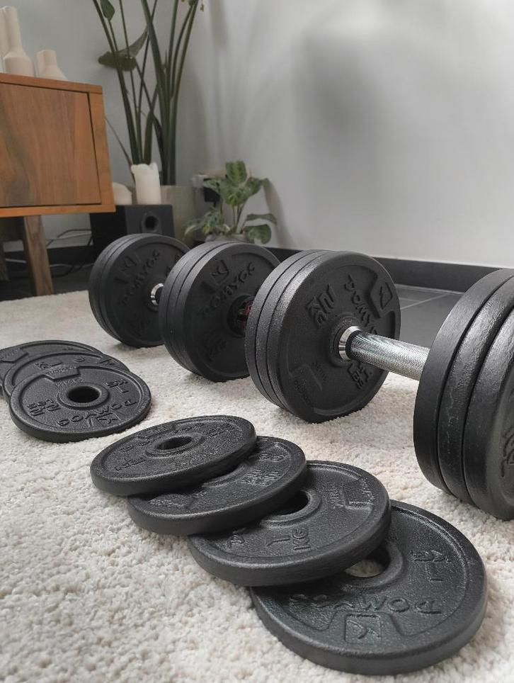 Halters en gewichten, 3 diverse sets, totaal van 80kg, Sports & Fitness, Équipement de fitness, Comme neuf, Haltère, Pectoraux