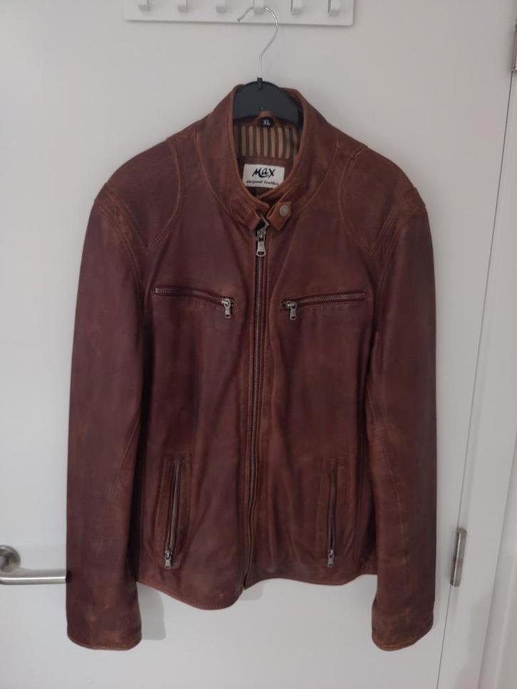 Stoere bruine leren jas – maat XL, Kleding | Heren, Truien en Vesten, Zo goed als nieuw, Maat 56/58 (XL), Bruin, Ophalen