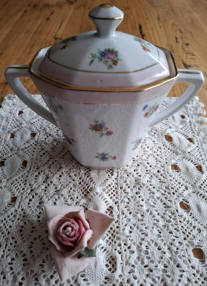 Grote Franse brocante suikerpot met bloemetjes en roze rand, Antiek en Kunst, Curiosa en Brocante, Ophalen of Verzenden