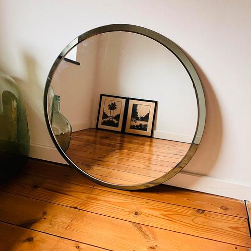 Vintage ronde spiegel - gebiseauteerd en groen fumé glas, Antiek en Kunst, Antiek | Spiegels, 50 tot 100 cm, Minder dan 100 cm