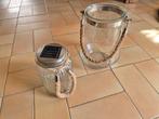 Twee glazen windlichten ene met solar 3 euro per stuk, Huis en Inrichting, Woonaccessoires | Kandelaars en Kaarsen, Ophalen of Verzenden