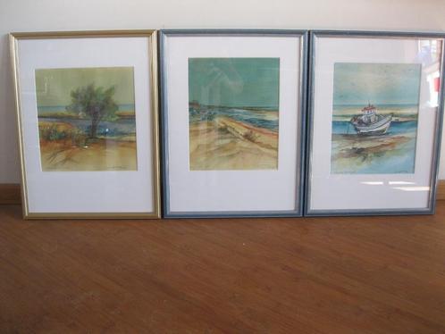 Edward Moons – 3x Aquarel Cabanas Portugal, Antiek en Kunst, Kunst | Schilderijen | Klassiek, Ophalen of Verzenden
