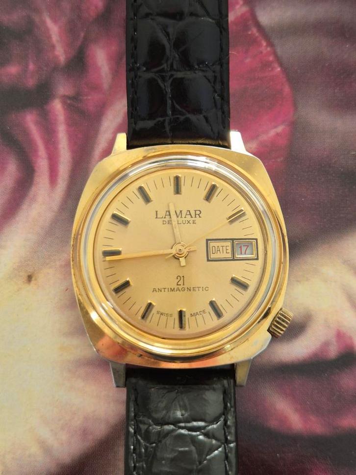 Vintage horloge Lamar de luxe verzameling collectie, Handtassen en Accessoires, Sporthorloges, Gebruikt, Geel, Verzenden