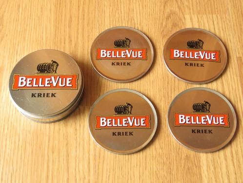 4 sous verres Belle-vue Kriek en métal et liège, Verzamelen, Biermerken, Gebruikt, Viltje(s), Overige merken, Ophalen of Verzenden